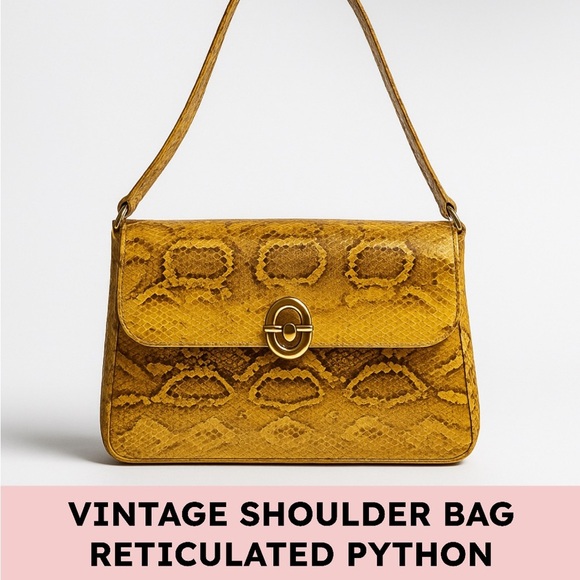 None Handbags - Vintage Python Shoulder Bag with Genuine Snakeskin and Flap Turnlock